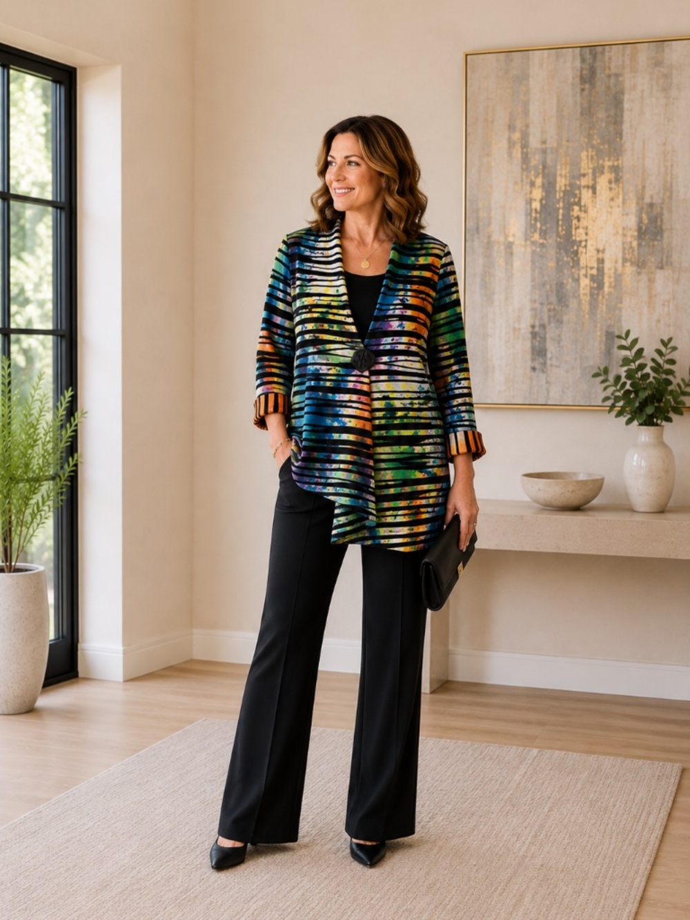 Joseph Ribkoff Size 12 Abstract Asymmetrical Striped Loose Swing Jacket